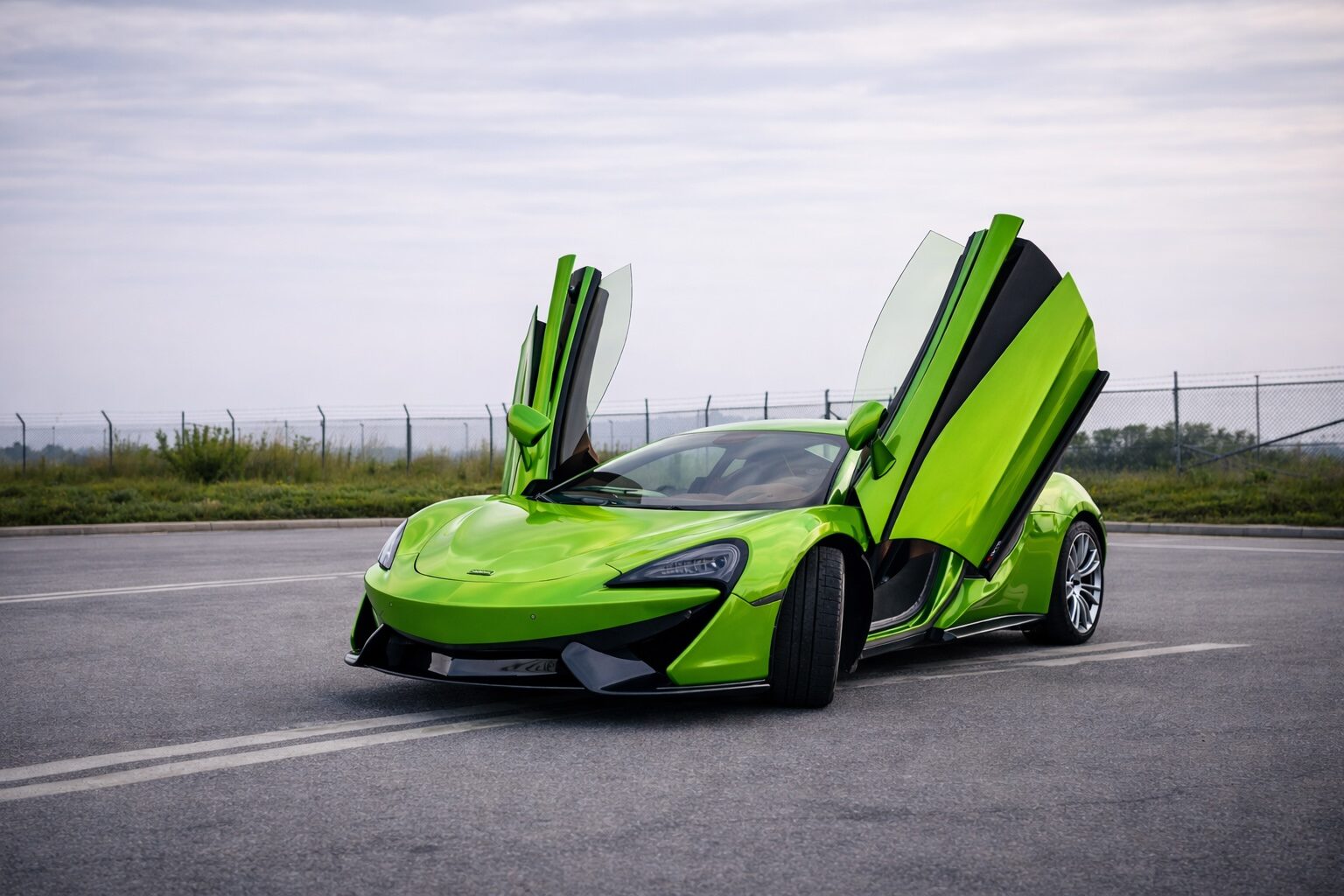 McLaren 570 GT rental in Dallas green exotic car with doors open parked roadside